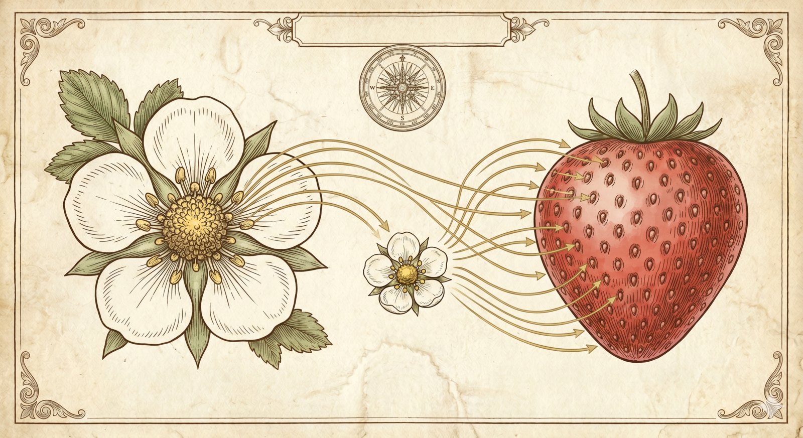 A botanical diagram of an open strawberry flower with many pistils in the centre, gold arrows flowing to each seed (achene) on the surface of a ripe berry beside it