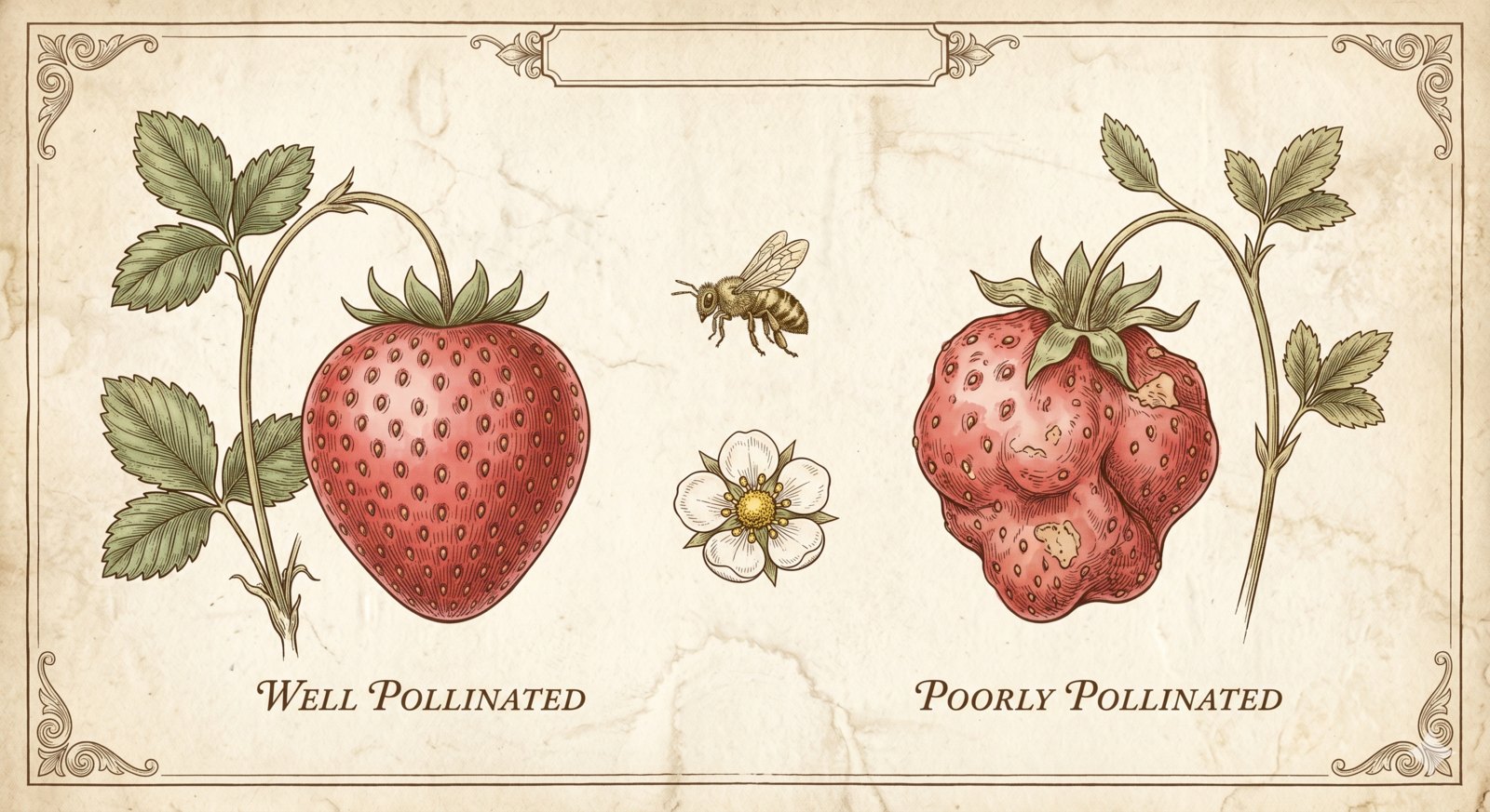 An antique botanical plate comparing a plump, evenly-shaped well-pollinated strawberry on the left with a lumpy, twisted poorly-pollinated berry on the right, a bee and blossom between them