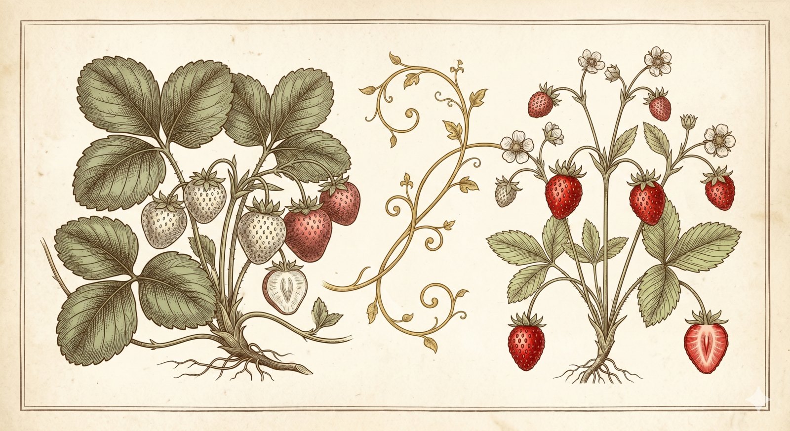 Antique botanical engraving of two wild strawberry species side by side: Fragaria chiloensis on the left with thick leaves and large pale fruit, Fragaria virginiana on the right with smaller leaves and small red fruit, joined by a gold flourish
